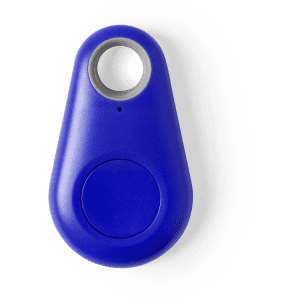 A blue tracking device with a circular button and a small hole for attachment. It features a logo on the surface.