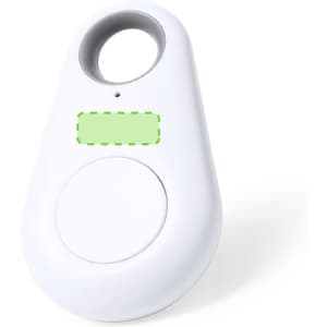 A white tracking device with a circular button and a hole for attachment, featuring a logo on the surface.