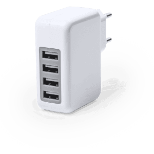 A white USB charger with four ports, featuring a compact design and a plug for wall mounting.