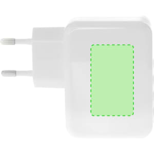 A white USB charger with two prongs, featuring a rectangular area for branding or identification.