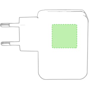 A white USB charger with Australian plugs, featuring a green square area and a branding logo.