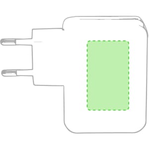 A USB charger in white with a green accent, featuring two prongs for wall socket connection.
