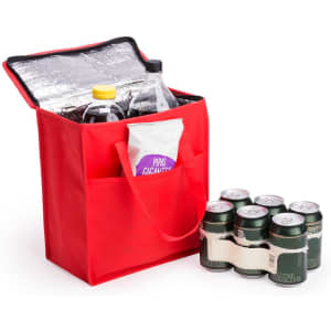 A red cooler bag with a silver interior, containing bottles and a six-pack of cans alongside. It has a logo.