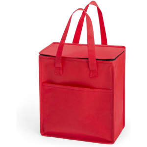 A red cooler bag with two handles and a front pocket, featuring a branding logo.