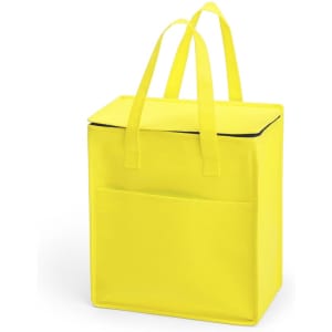 A yellow cooler bag with two handles and a front pocket, featuring a logo on its surface.
