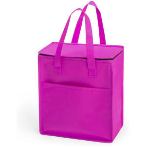 A pink cooler bag with two handles and a front pocket, featuring branding on the side.