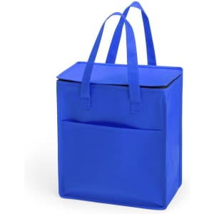 A blue cooler bag with two handles and a front pocket, featuring a simple design.