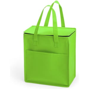 A green cooler bag with two handles and a front pocket, designed for carrying food and drinks.