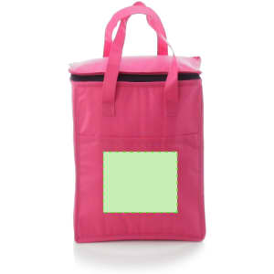 A pink cooler bag with a zippered top and handles, featuring a blank area for customisation. It has a logo.