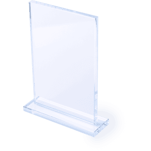 A clear acrylic plaque with a sturdy base, ideal for awards and trophies.