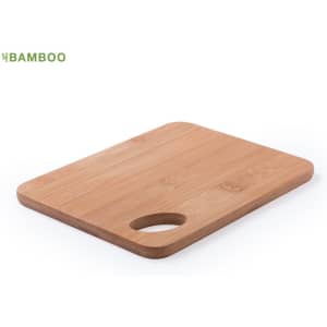 A bamboo cutting board with a smooth surface and a circular handle. It features a natural wood colour.