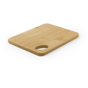 A bamboo cutting board featuring a rounded handle, showcasing a natural wooden finish. It has a simple design and a logo.