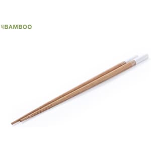 A bamboo chopsticks set featuring two pairs with white tips and a logo on the side.