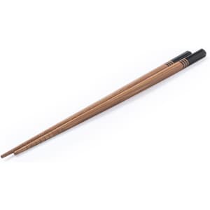A set of wooden chopsticks in a natural brown colour with black tips, featuring subtle detailing and a logo.