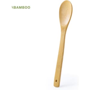 A bamboo spoon with a smooth finish and a rounded handle, featuring a small hole at the end for hanging.