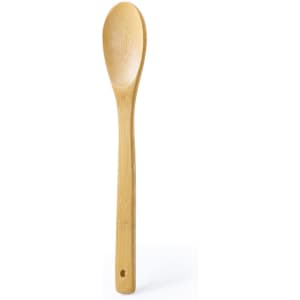 A wooden spoon with a long handle, made from light bamboo, featuring a round bowl and a small hole in the handle.