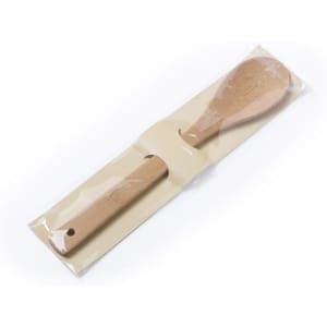 A wooden spoon with a rounded head and long handle, packaged in clear plastic with a neutral background.