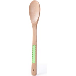 A wooden spoon with a green accent on the handle. The spoon is sleek and has a natural finish.