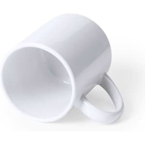 A white coffee mug with a smooth finish and a simple handle, presented at an angle.