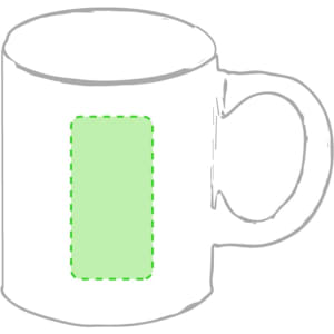 A white coffee mug featuring a blank green space, suitable for custom designs. It has a handle for easy grip.