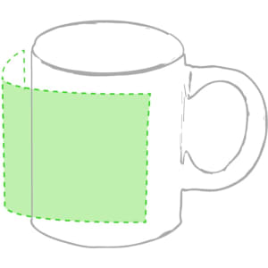 A white coffee mug with a green area marked for customisation, featuring a handle and a simple design.
