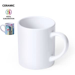 A white ceramic coffee mug featuring a plain surface suitable for sublimation printing. It has a handle and a glossy finish.