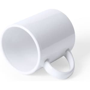 A white coffee mug with a curved handle, featuring a smooth, glossy surface.