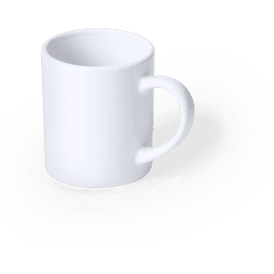 A white coffee mug with a handle, featuring a smooth and glossy surface. The mug has a simple design and includes a logo.