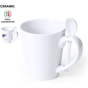 A white ceramic coffee mug featuring a spoon attached to the handle and a logo. Ideal for sublimation printing.