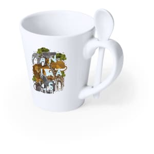 A white coffee mug with a unique handle design and a spoon, featuring colourful graphics.
