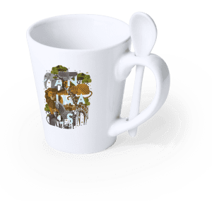 A white mug with a unique handle design and a decorative colour pattern on the surface. It includes a spoon.