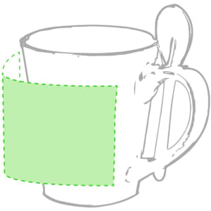 A white coffee mug with a spoon, featuring a green template area for sublimation printing.