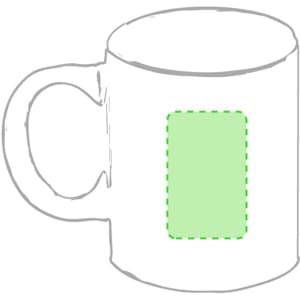 A white coffee mug featuring a large green blank area, suitable for custom designs or branding.