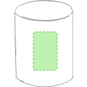 A coffee mug with a plain white exterior and a green rectangular area, featuring a logo or branding.