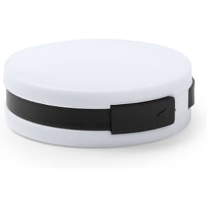 A round white USB hub with a black band around it, featuring a logo on the surface.