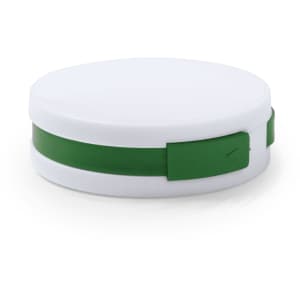 A round USB hub in white with a green accent band, featuring a branding logo on the surface.