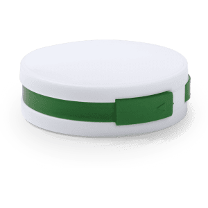 A round, white USB hub with a green band, featuring a logo on the side.