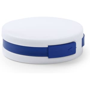 A white and blue USB hub with a circular design and a smooth surface, featuring a logo on the side.