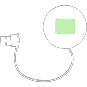 A round green USB hub with a connected USB cable, featuring a logo on the surface.