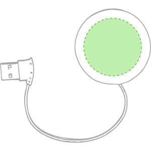A green circular USB hub with a short connecting cable and a USB connector. Features a logo.
