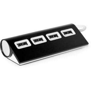 A black USB hub with four ports and a sleek design, featuring a rounded end and a logo on one side.