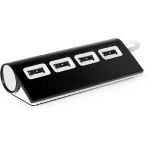 A black USB hub featuring four ports, designed with a sleek, modern appearance and a rounded edge.
