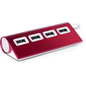 A red USB hub with four ports and a sleek design, featuring a white end and a branding logo.