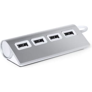 A silver USB hub with four ports, featuring a sleek design and a rounded end. It has a logo on the surface.