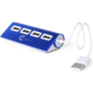 A blue USB hub with four ports and a white cable, featuring a logo on the side.