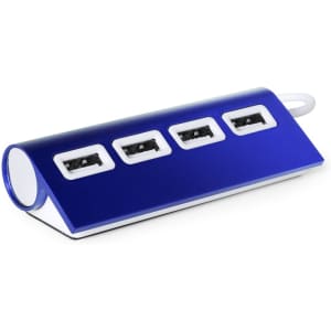 A blue USB hub featuring four ports and a sleek, curved design, with a logo on the surface.