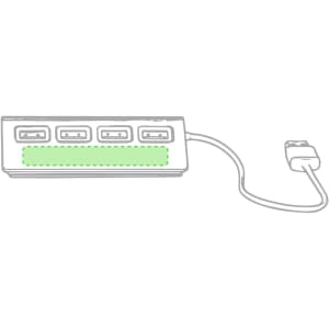 A white USB hub with four ports and a connected cable, featuring a branding logo.