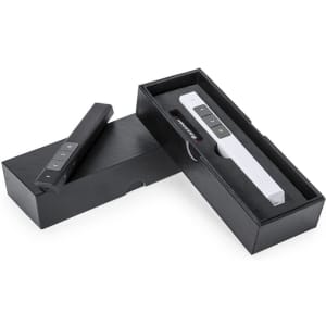 A black and white laser pointer presented in a sleek box, with buttons on the device and a logo visible.