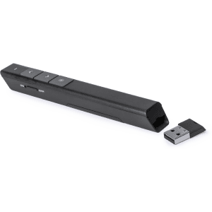A black laser pointer with control buttons and a USB receiver, designed for presentations and technology use.