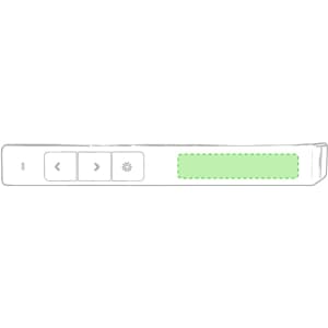 A white laser pointer with three buttons and a green panel, featuring a logo on the side.